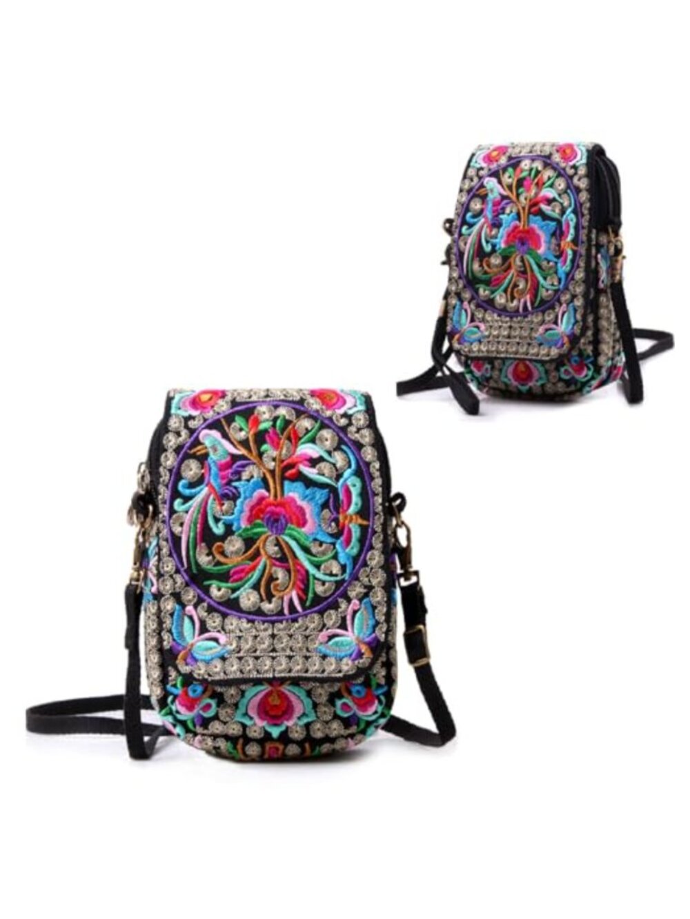 Embroidered Canvas Crossbody Bag Mini Shoulder Purse Cellphone Wallet